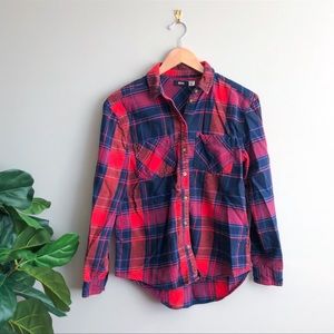 Urban Outfitters BDG Plaid Striped Button Down Flannel Shirt Red Blue XS Stripes
